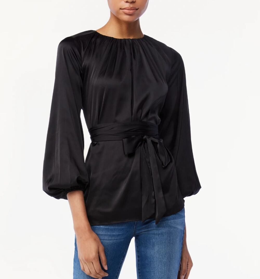 Scoop Women's Black Satin Blouson Sleeve Belted Waist Blouse Size M(8-10)